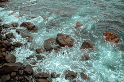 High angle view of rocks in sea