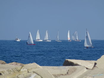 Sailboats on sea against clear blue sky