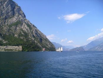 Scenic view of lake and mountains against sky