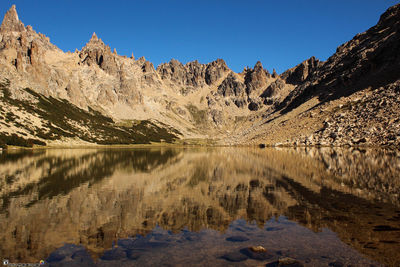 Scenic view of lake and mountains against clear blue sky