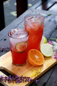 Close-up of juice served on table