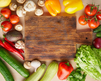 High angle view of chopped vegetables on table