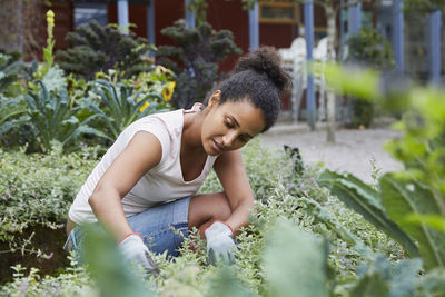 Woman analyzing plants at yard