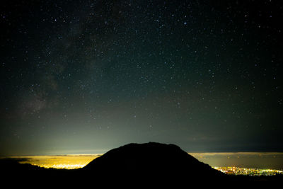 Scenic view of silhouette mountain against sky at night