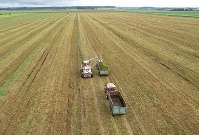 High angle view of tractor on agricultural field