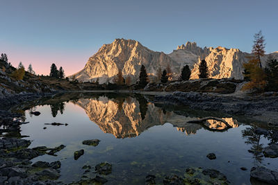 Reflection of mountain in lake against clear sky