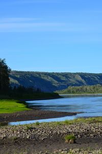 Scenic view of lake against clear blue sky