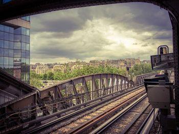 Railroad tracks by train against sky