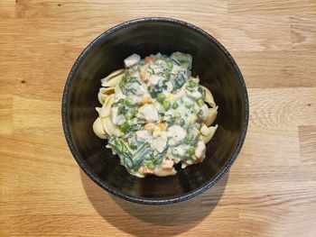 High angle view of vegetables in bowl on table