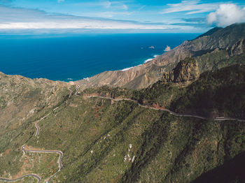 Scenic view of sea and mountains against sky