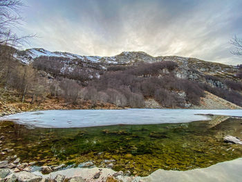 Scenic view of lake by snowcapped mountains against sky