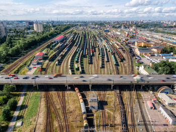 Photo of railway terminal. freight wagons with goods on railroad station. cargo transportation.