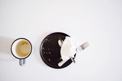 Directly above shot of coffee cup against white background