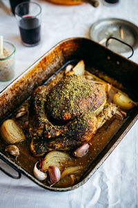 Roasted chicken with za'atar on family lunch table