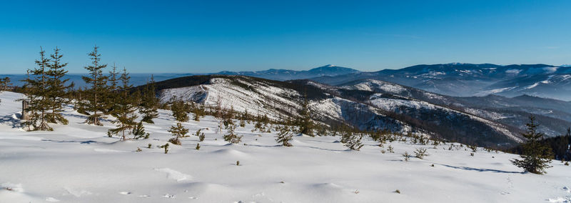 Scenic view of snow covered mountains against blue sky