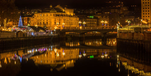 Reflection of illuminated buildings in river at night