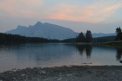 Scenic view of lake against cloudy sky