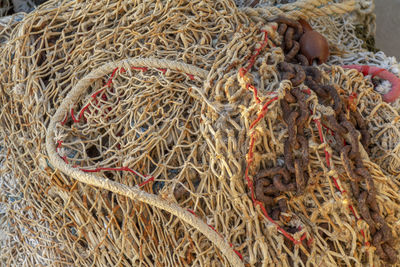 Close-up of fishing net in basket