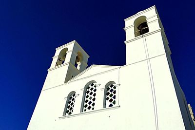 Low angle view of building against clear blue sky