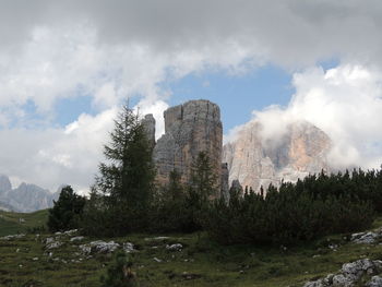 Panoramic view of trees and mountains against sky