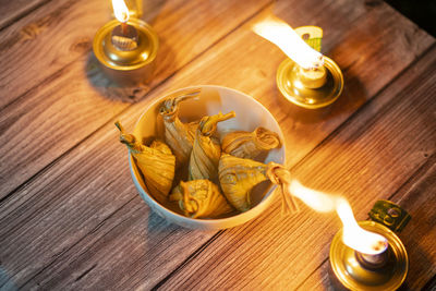 High angle view of candles on table