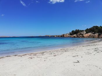 Scenic view of beach against clear blue sky