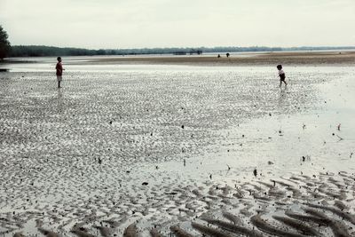 People walking on beach against sky