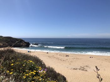 Scenic view of beach against clear blue sky