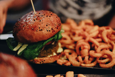 Close-up of burger in tray