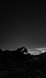 Silhouette people on shore against sky at night