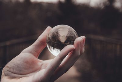 Cropped hand holding crystal ball against lake
