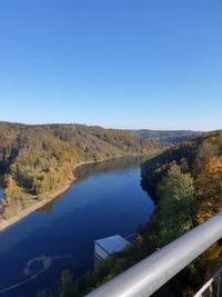 Scenic view of lake against clear blue sky