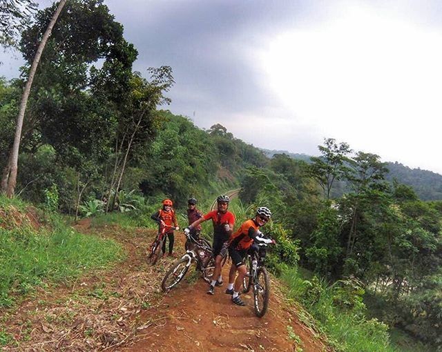 transportation, mountain, tree, sky, mode of transport, land vehicle, bicycle, tranquility, tranquil scene, cloud - sky, scenics, landscape, nature, travel, men, beauty in nature, mountain range, green color, non-urban scene, riding