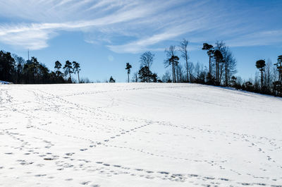 Scenic view of snow covered field against sky