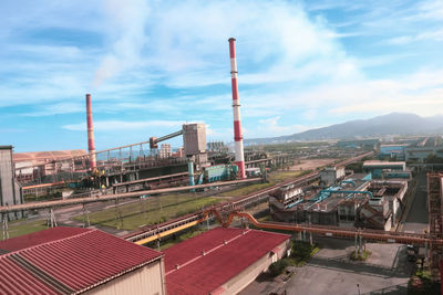 High angle view of buildings against sky