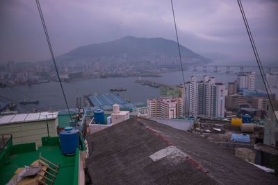 View of cityscape against cloudy sky