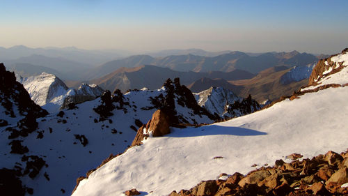 Scenic view of snow covered mountains against sky