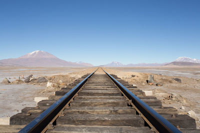 Railroad track on landscape against clear blue sky