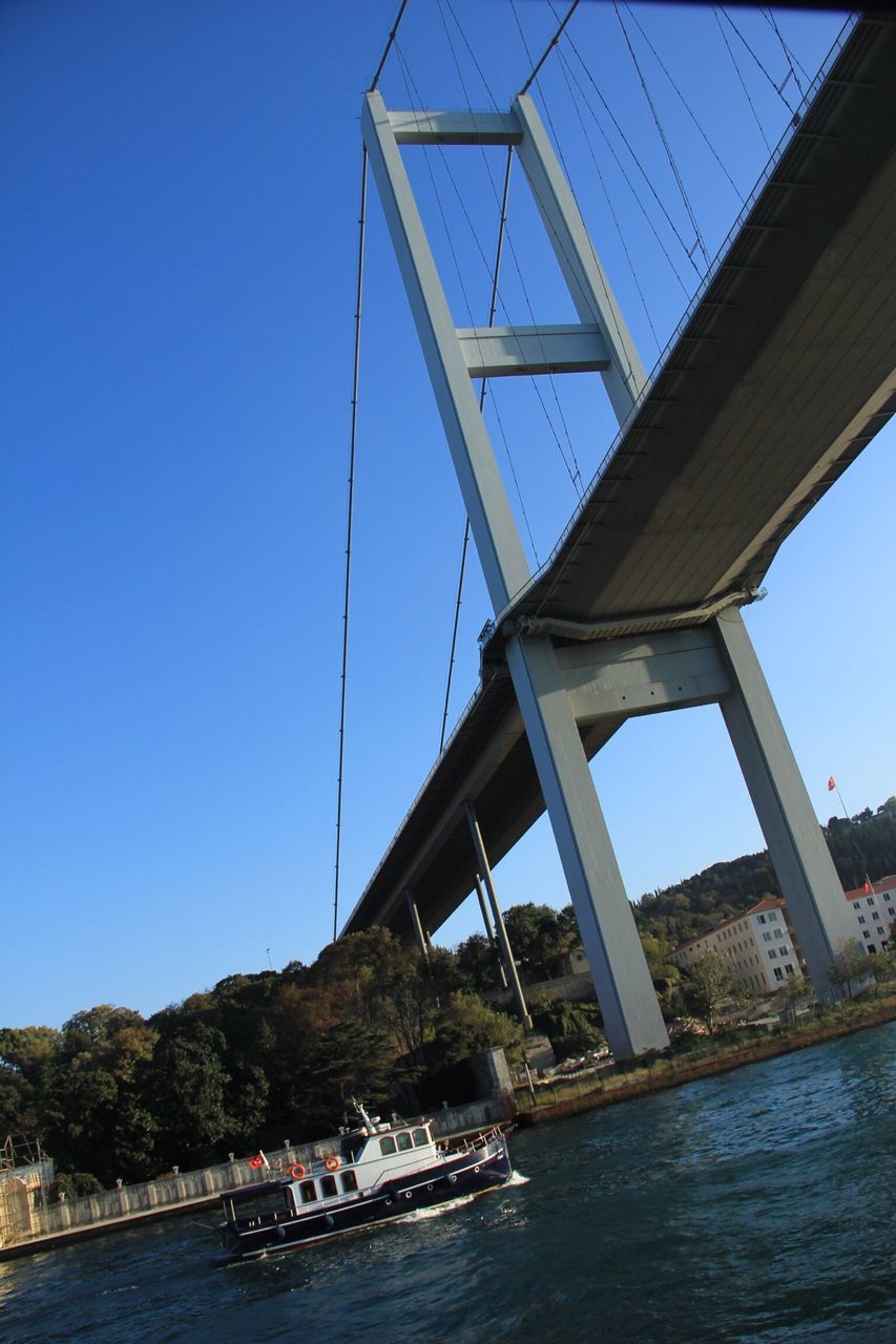 water, blue, built structure, transportation, clear sky, waterfront, connection, nautical vessel, architecture, low angle view, bridge - man made structure, sky, river, boat, bridge, engineering, sea, day, mode of transport, nature