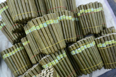 High angle view of beedi bundles for sale at store