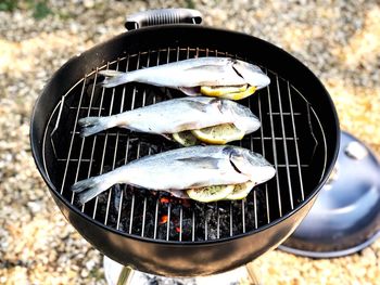 Tilapia fish being cooked on a large barbecue with lemon, herbs and spices