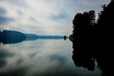 Silhouette trees by lake against sky