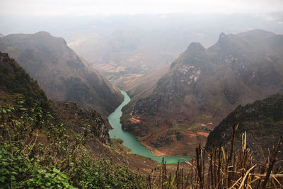 High angle view of mountains against sky