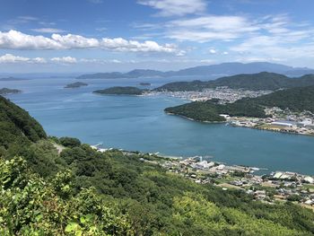 Scenic view of sea and mountains against sky