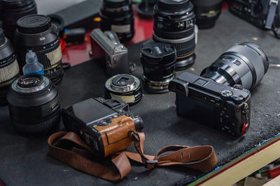 Close-up of camera on table