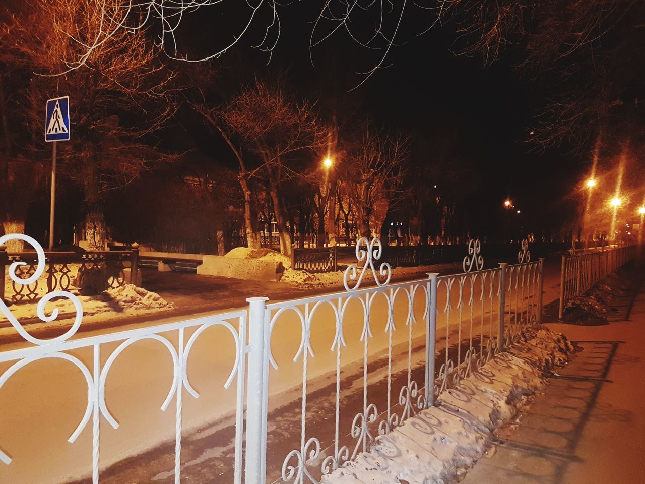 night, illuminated, lighting equipment, railing, in a row, street light, outdoors, tree, no people, sky