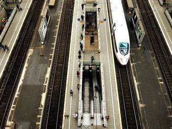 High angle view of train at railroad station