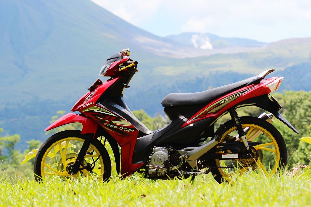 transportation, mode of transport, grass, mountain, land vehicle, landscape, field, travel, sky, red, mountain range, nature, tranquility, non-urban scene, day, outdoors, tranquil scene, bicycle, grassy, beauty in nature