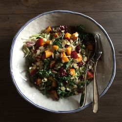 High angle view of food in plate on table