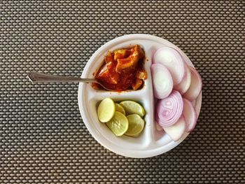 High angle view of food in plate on table